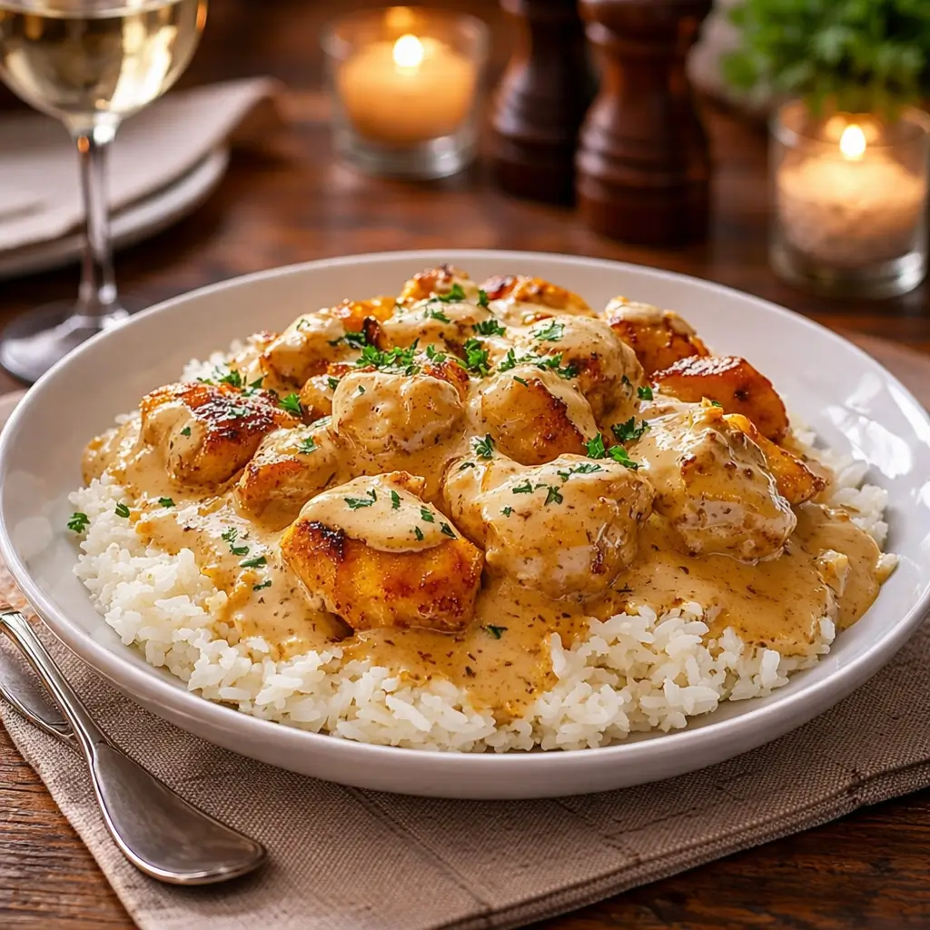 Smothered Chicken and Rice in a white bowl on a wooden table