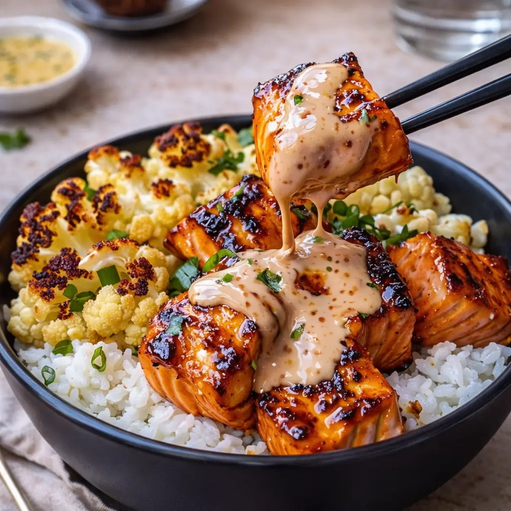 Sriracha Honey Salmon Bowls with roasted cauliflower and rice