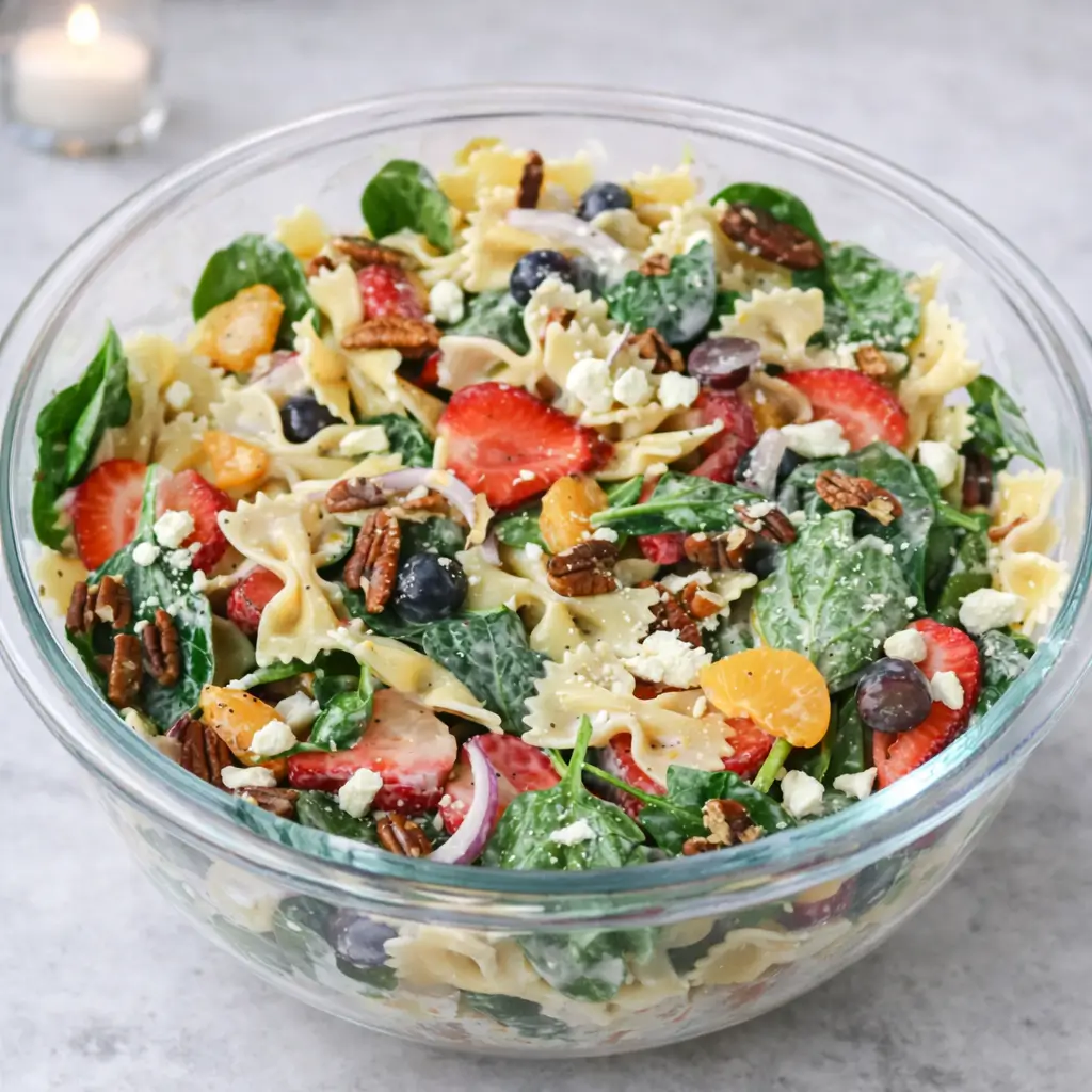 Strawberry Fields Pasta Salad with fresh strawberries and spinach in a white bowl.