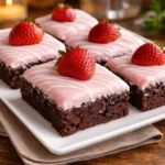 Strawberry Frosted Heart-Shaped Brownies on a marble table