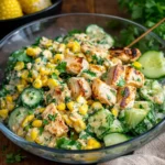 Street Corn Creamy Cucumber Chicken Salad in a wooden bowl