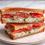 SUMMER TOMATO SANDWICH WITH CREAM CHEESE on wooden board