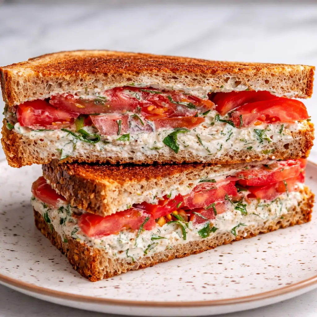 SUMMER TOMATO SANDWICH WITH CREAM CHEESE on wooden board