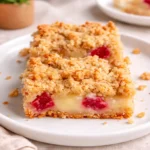 Tasty Rhubarb Bars with Shortbread Crust stacked on a plate