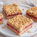 A stack of Tasty Rhubarb Cream Cheese Bars with visible rhubarb pieces and oat crumble.
