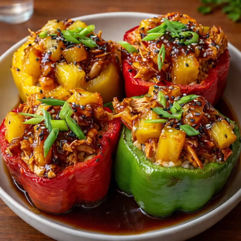 Teriyaki Pineapple Chicken Stuffed Peppers in a white baking dish