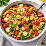 Zesty Italian Pasta Salad in a white bowl with fresh vegetables