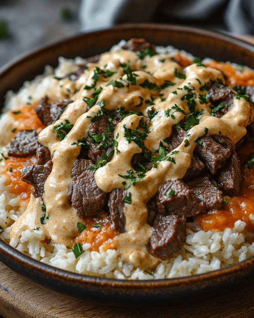 Steak Queso Rice with Creamy Sauce