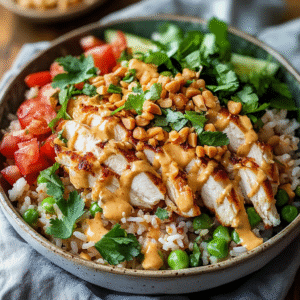 Chicken Crispy Rice Salad with Creamy Peanut Dressing