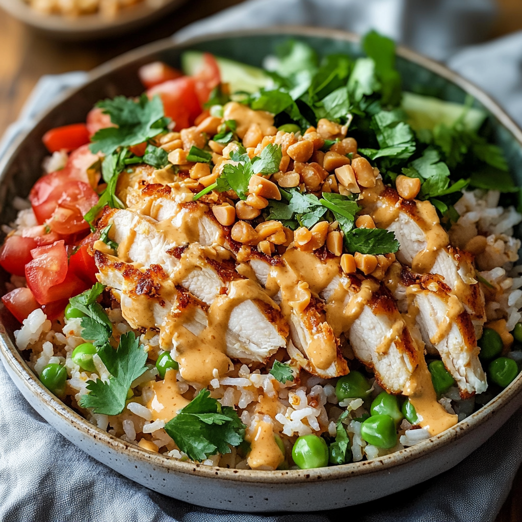 Chicken Crispy Rice Salad with Creamy Peanut Dressing
