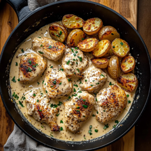 Creamy Garlic Chicken Skillet with Roasted Baby Potatoes
