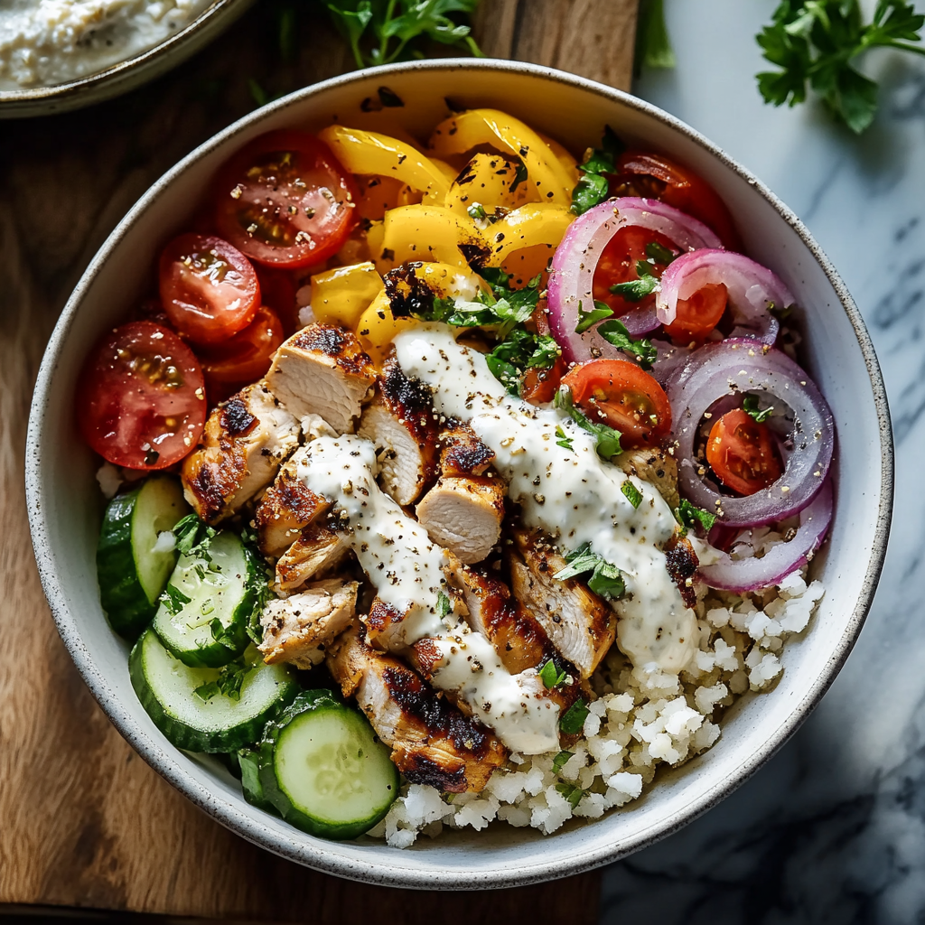 Greek Chicken Bowls with Tahini Feta Sauce