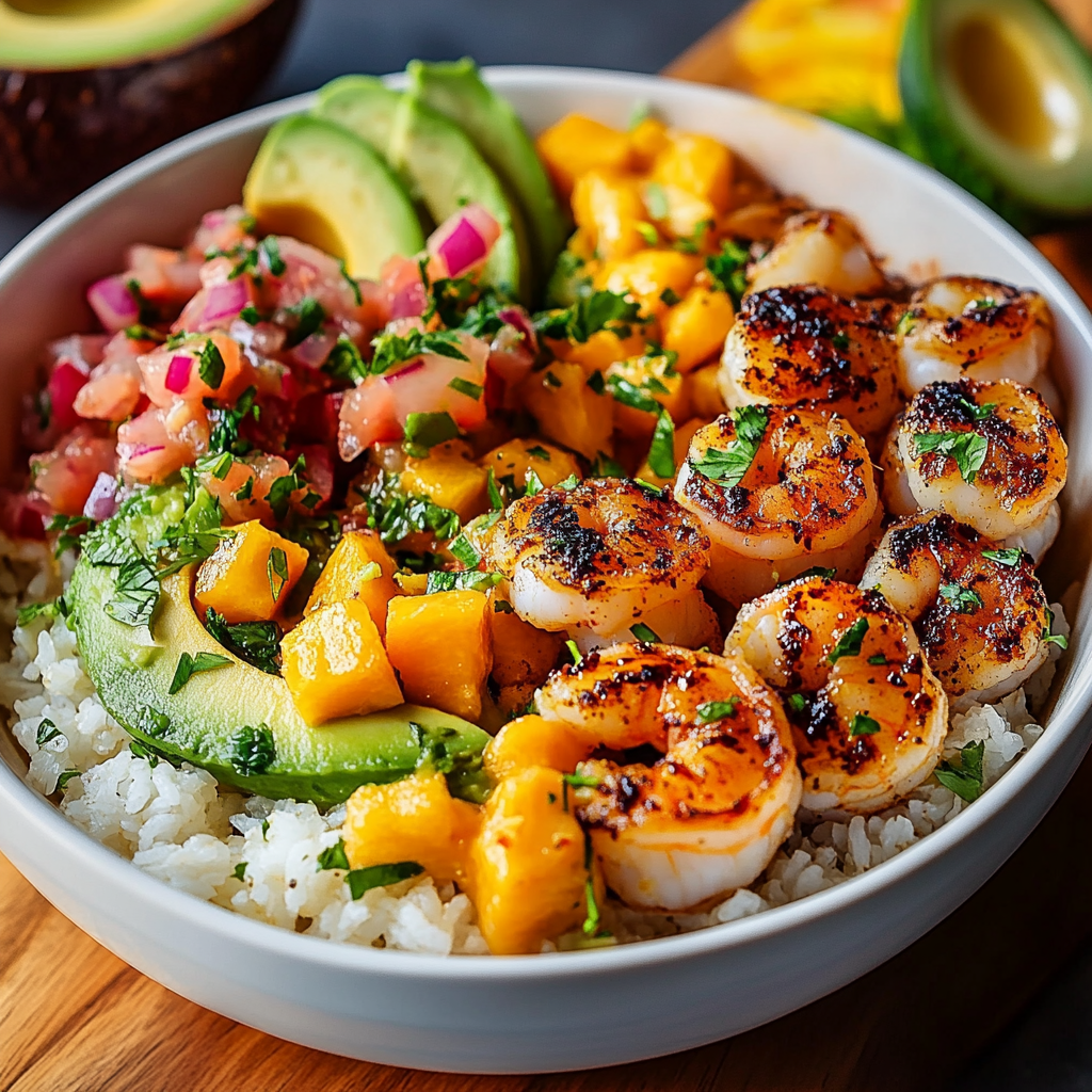 Delicious Shrimp and Avocado Bowls with Mango Salsa Recipe
