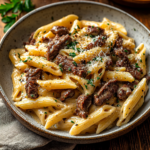 Creamy Garlic Beef Pasta with Low Carb Qetoe Penne