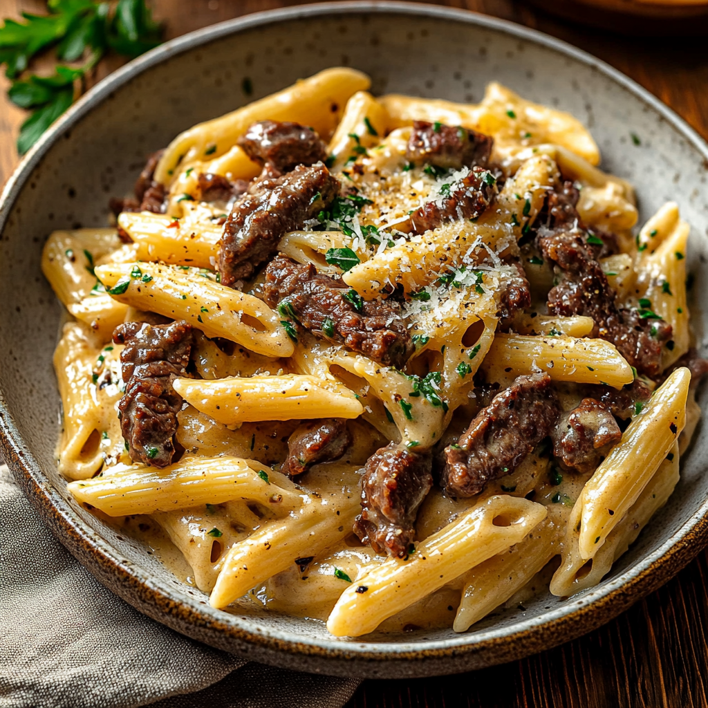Creamy Garlic Beef Pasta with Low Carb Qetoe Penne
