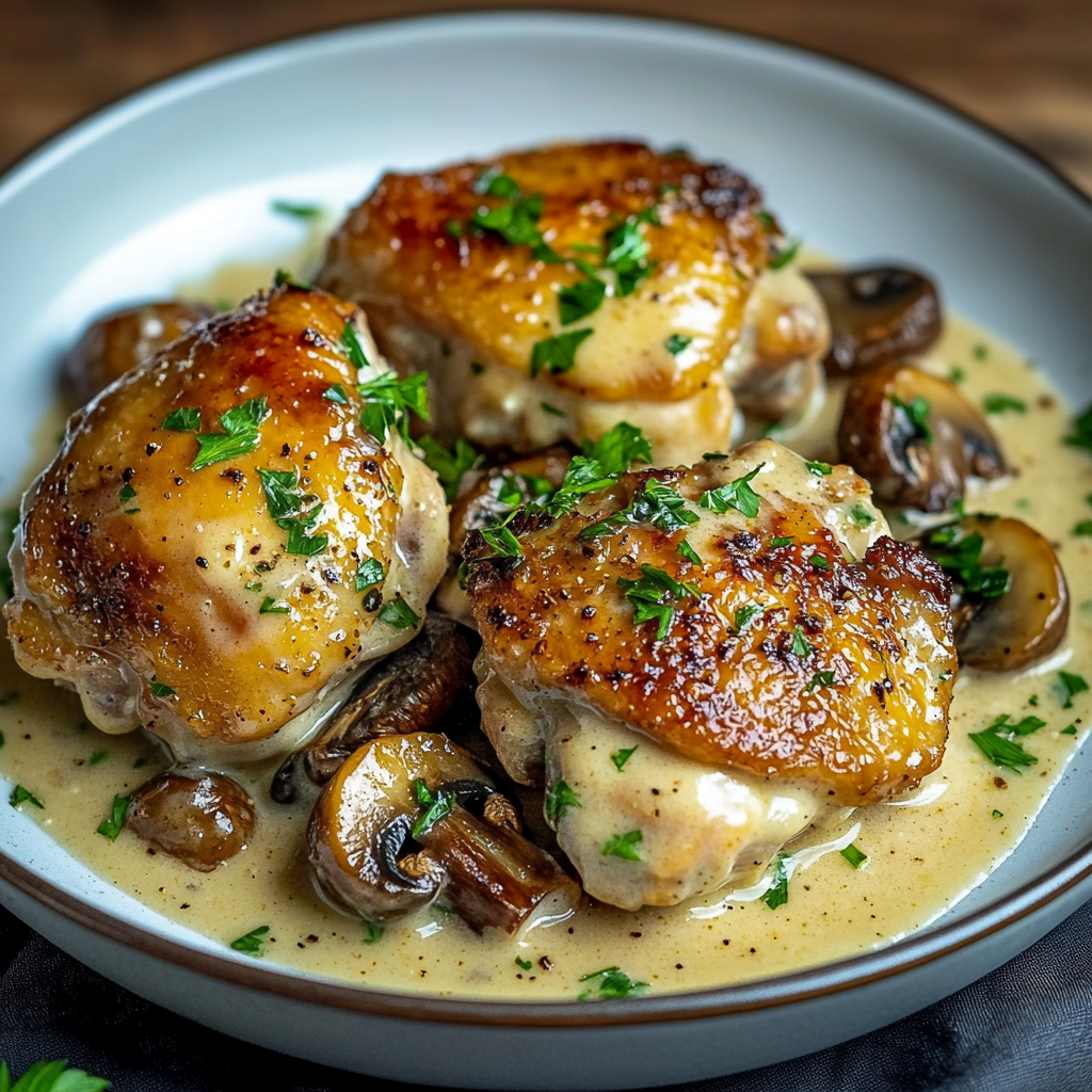 Creamy Garlic Mushroom Chicken Thighs Dinner