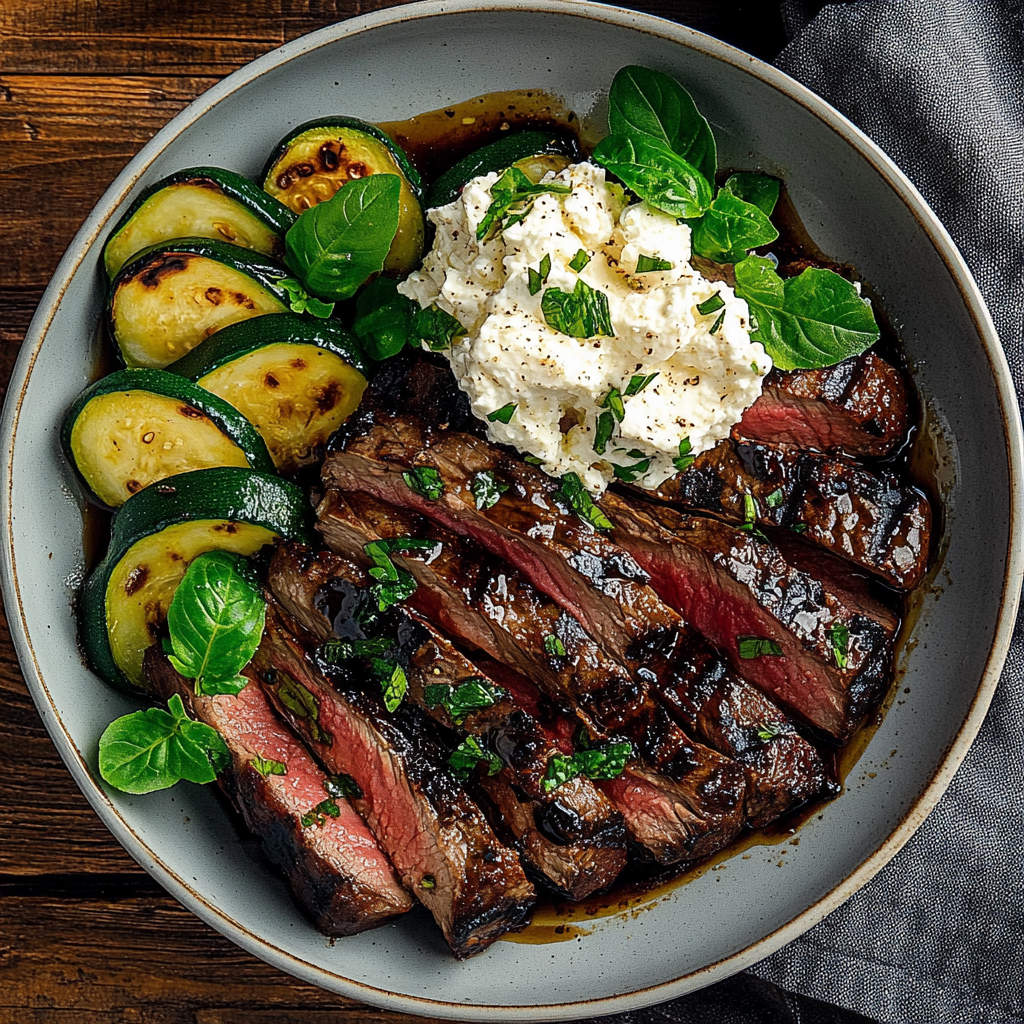 Balsamic Flank Steak with Zucchini and Whipped Feta