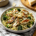 Pesto Chicken Caesar and Roasted Broccoli Orzo Pasta Salad