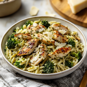 Pesto Chicken Caesar and Roasted Broccoli Orzo Pasta Salad