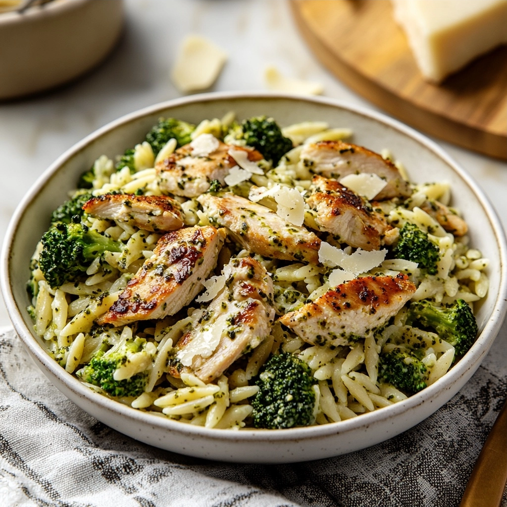 Pesto Chicken Caesar and Roasted Broccoli Orzo Pasta Salad