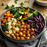Roasted Veggie and Chickpea Bowls with Maple Dijon Tahini Dressing