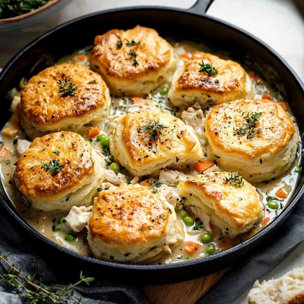 Easiest Skillet Chicken Pot Pie with Herb Butter Biscuits