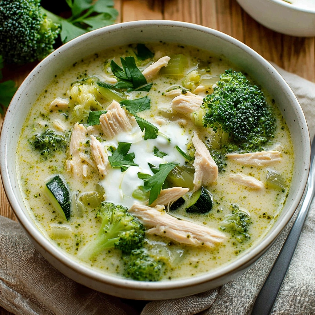 Protein Zucchini Broccoli Chicken Soup with Greek Yogurt