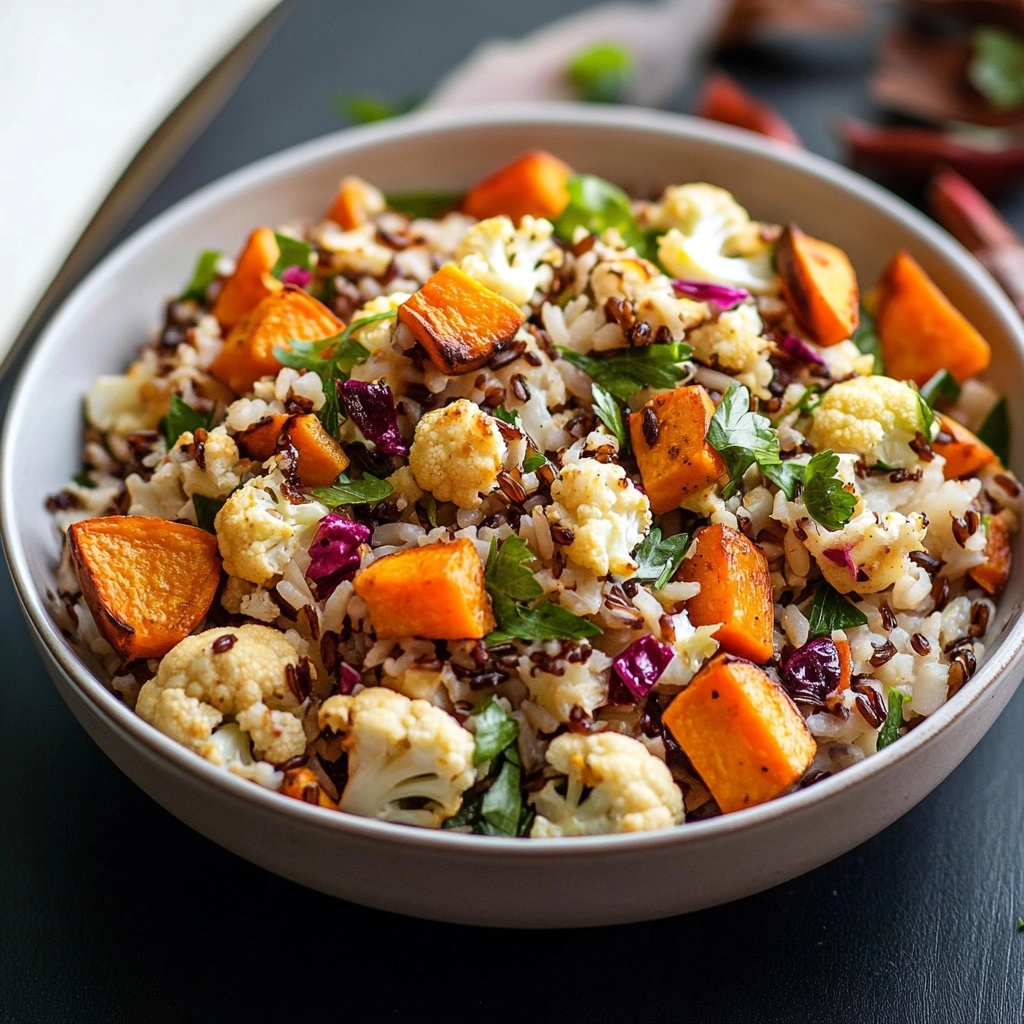 Middle Eastern Wild Rice Salad with Roasted Sweet Potato and Cauliflower